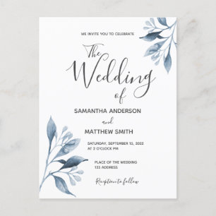 Blue white botanical foliage wedding invitation postcard