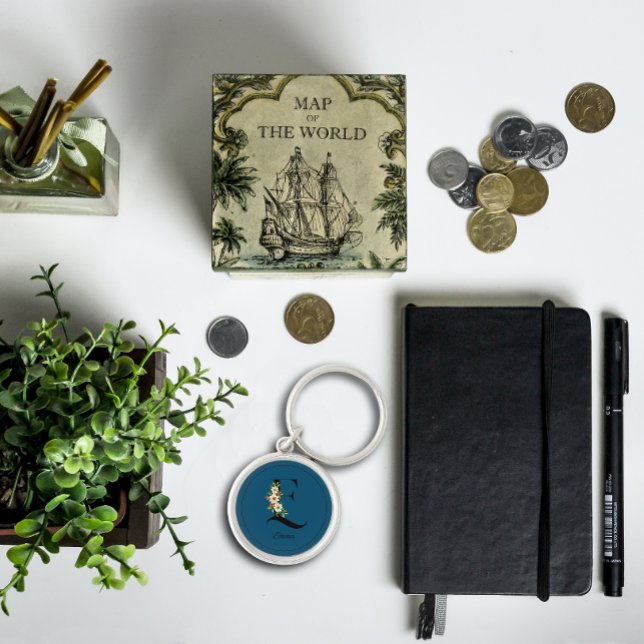 Blue white botanical monogram Keychain (Creator Uploaded)