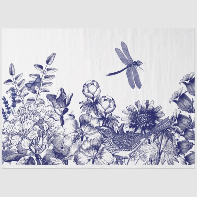 Blue & white botanical mural decoupage tissue paper (Front)