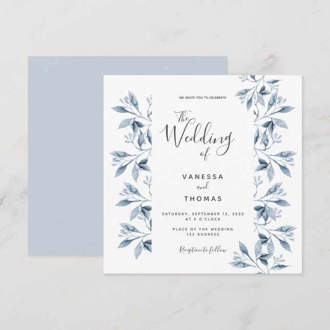 Blue white botanical script wedding invitation (Front/Back)
