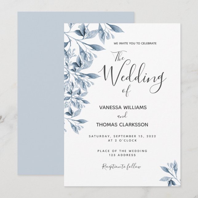 Blue white botanical script wedding invitation (Front/Back)
