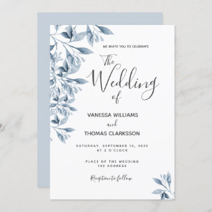 Blue white botanical script wedding invitation