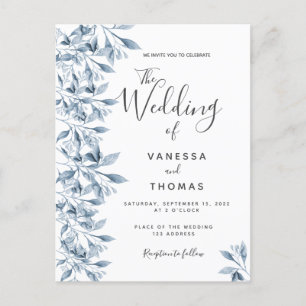 Blue white botanical wedding invitation postcard