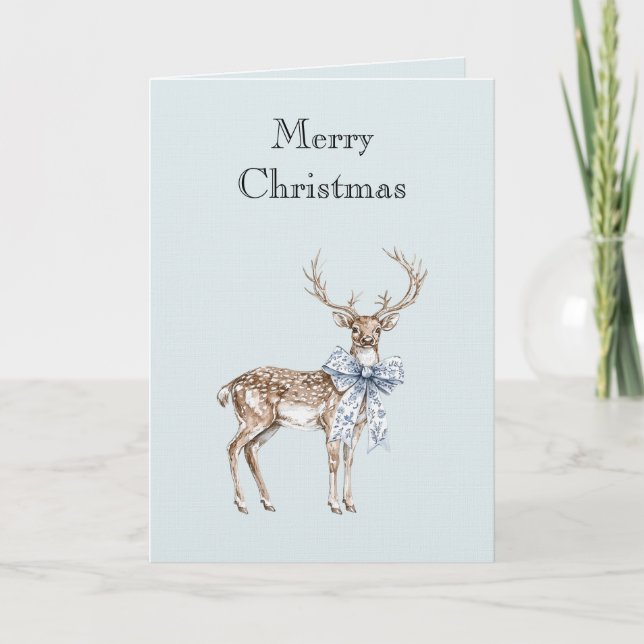 Blue White Bow Christmas Deer Card (Front)
