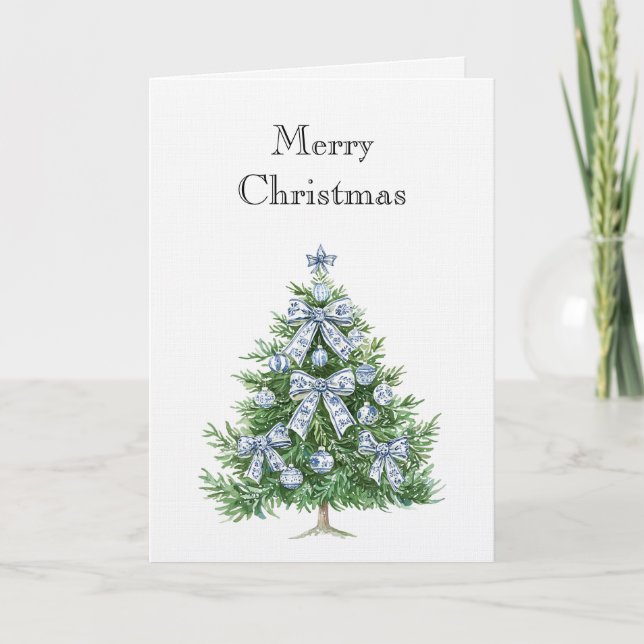 Blue White Bows Christmas Tree Card (Front)