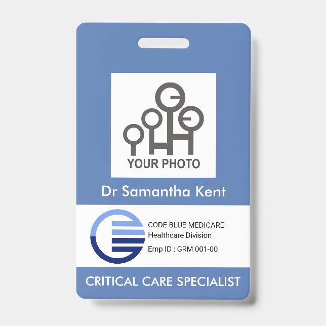 Blue White Box Photo Template Medical Staff ID Badge (Front)