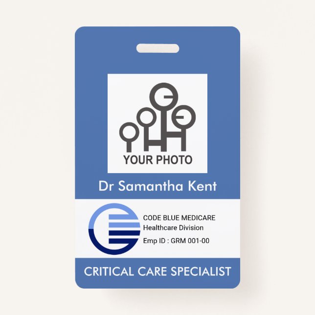 Blue White Box Photo Template Medical Staff ID Badge (Front)