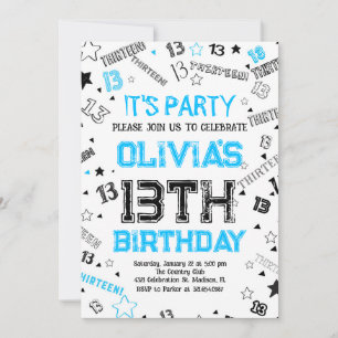 Blue White Boy Number Thirteen Birthday Party Invitation