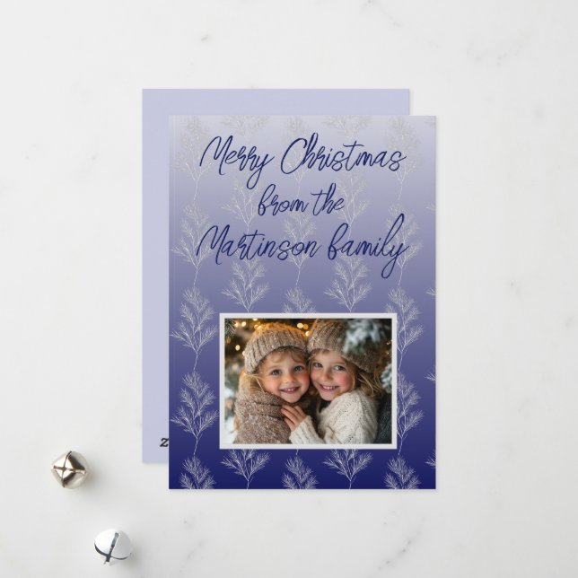 Blue White Branch Pattern Photo Christmas  Holiday Card (Front/Back In Situ)