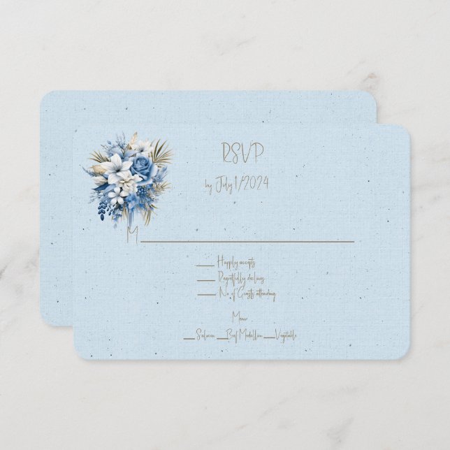 Blue White Brown Floral Wedding Bouquet RSVP Card (Front/Back)
