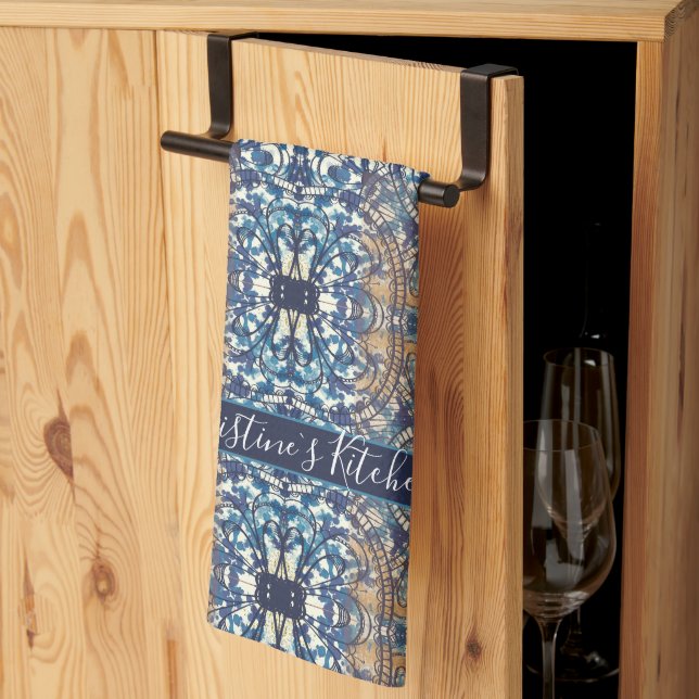Blue white brown loft industrial style custom kitchen towel (Thirds Fold)