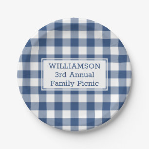 Blue White Buffalo Check Custom Name Family Picnic Paper Plate