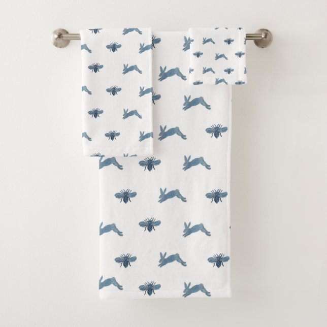 Blue White Bunny Bee Bath Towel Set (Insitu)