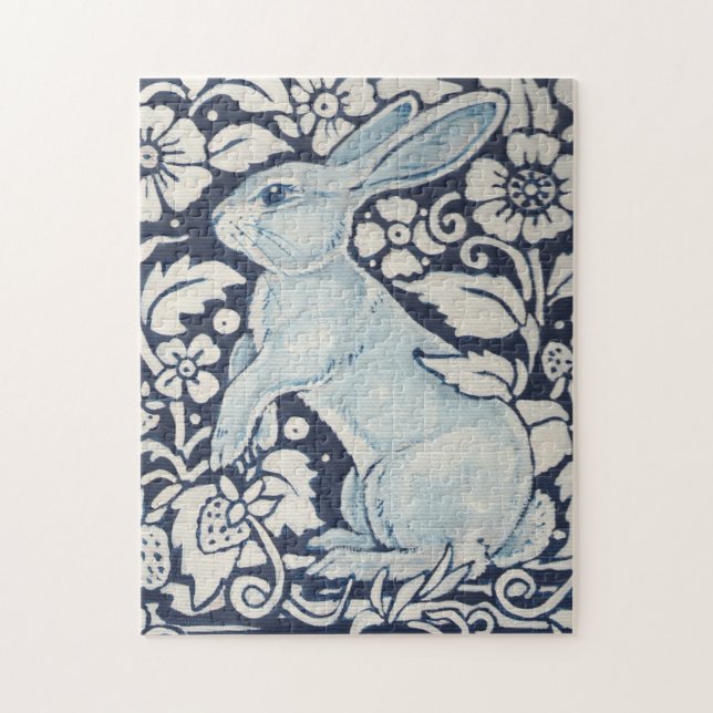 Blue & White Bunny Rabbit and Flowers Monochrome Jigsaw Puzzle (Vertical)