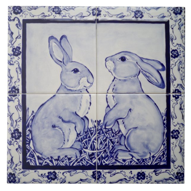 Blue & White Bunny Rabbit Dedham Delft Whimsical Tile (Front)