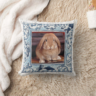 Blue & White Bunny Rabbit Pet Photo Dedham Delft Throw Pillow