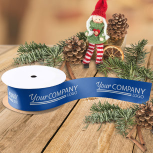 Blue White Business Logo Holiday Christmas Branded Satin Ribbon
