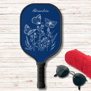 Blue & White Butterflies in Wildflowers Monogram Pickleball Paddle