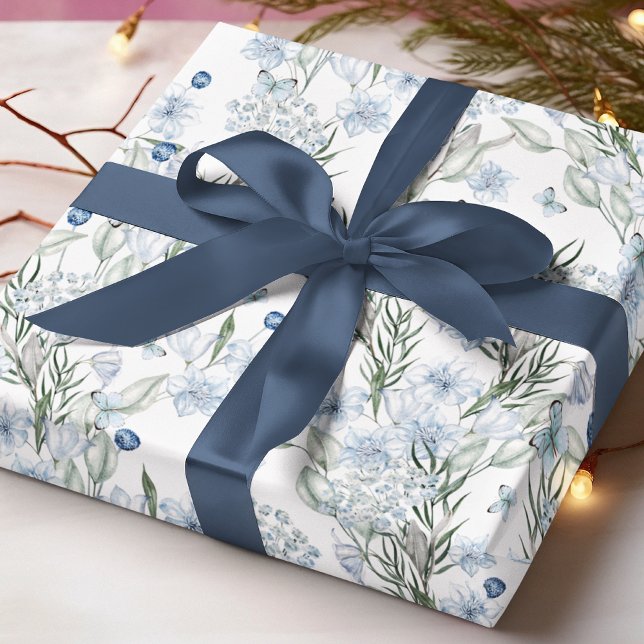 Blue White Butterfly Watercolor Floral Pattern Wrapping Paper (Creator Uploaded)