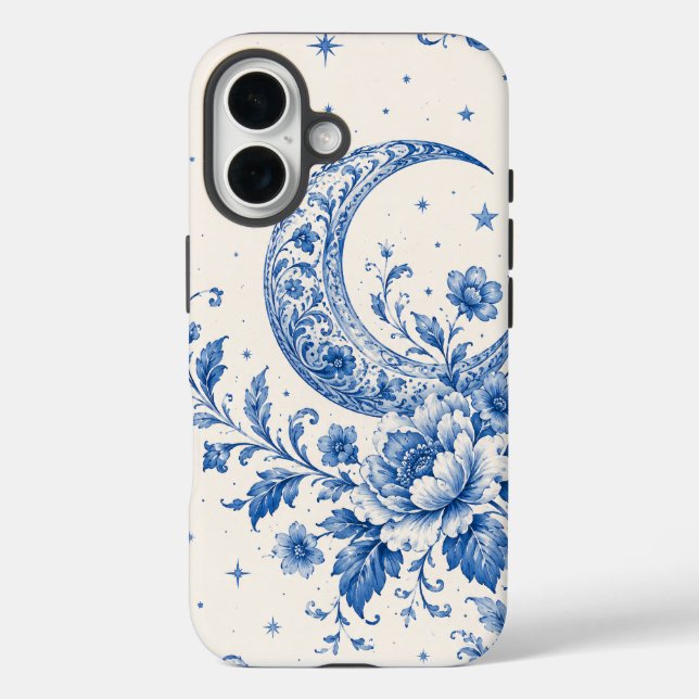 Blue & White Celestial Chinoiserie Crescent Moon Case-Mate iPhone Case (Back)