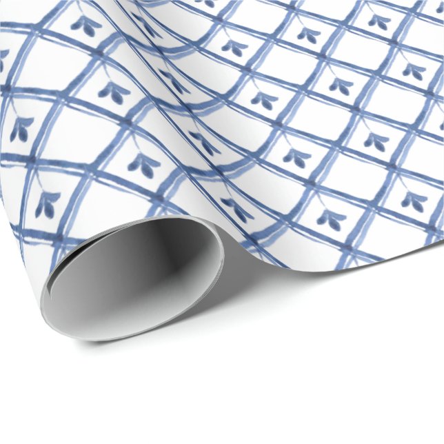 Blue White Ceramic Look Diamond Pattern Gift Wrapping Paper (Roll Corner)