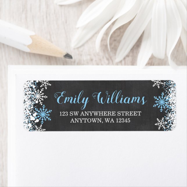 Blue White Chalkboard Snowflacon Adresse de retour (En situation)