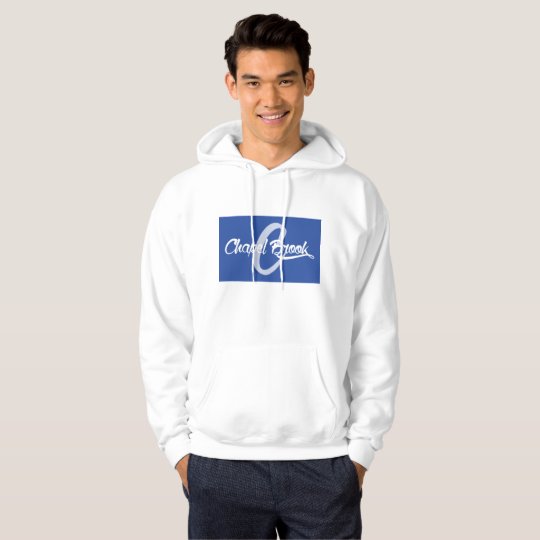 blue/white Chapel Brook logo on hooded white sweat Hoodie