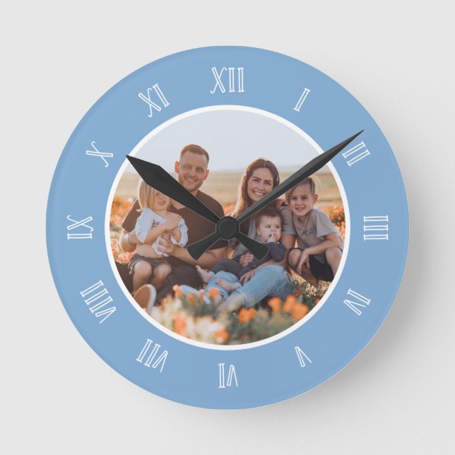 Blue White Charming Roman Numbers Custom Photo Round Clock (Front)