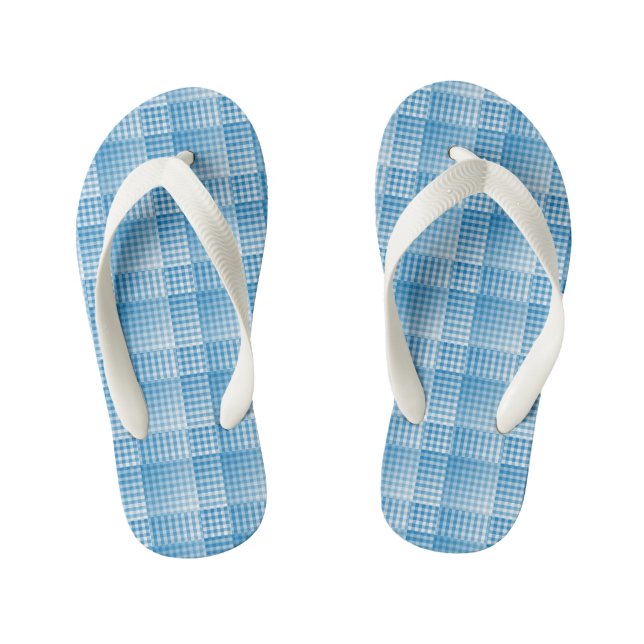Blue White Checker Abstract Pattern Kid's Flip Flops (Footbed)