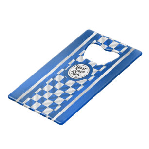 Blue White Checkered Racing Stripe Stainless Steel Credit Card Bottle Opener