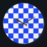 Blue White Chequered Check Pattern Large Clock<br><div class="desc">Blue and White Check Chequered Geometric Squares Pattern Design</div>