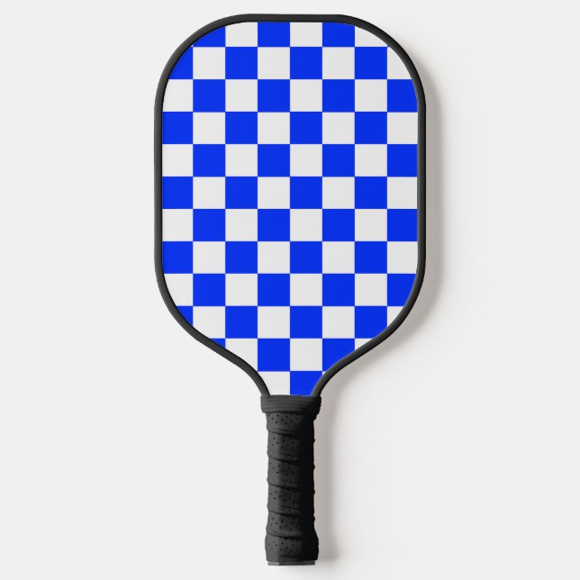 Blue White Chequered Check Pattern Pickleball Paddle (Front)