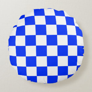 Blue White Chequered Check Pattern Round Pillow