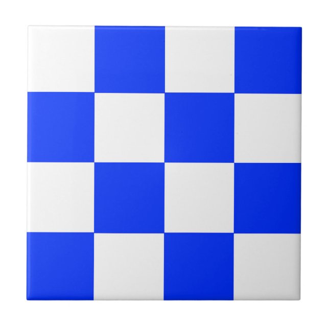 Blue White Chequered Check Pattern Tile (Front)