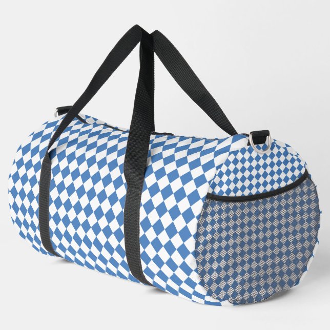 Blue White Chequered Diamond Pattern Large Duffle Bag (Right Corner)