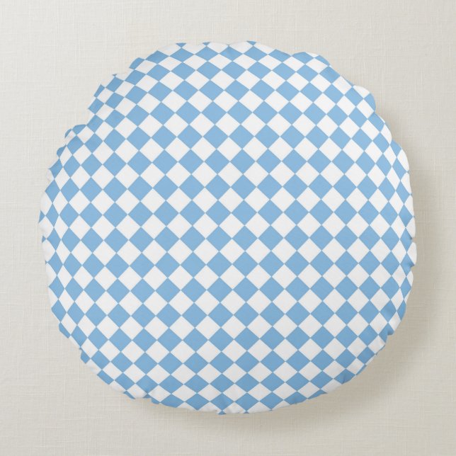 Blue White Chequered Diamond Pattern Round Pillow (Front)