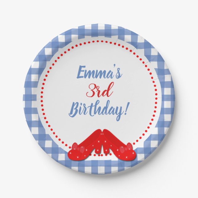 Blue & White Chequered Gingham Red Shoes OZ Party Paper Plate (Front)
