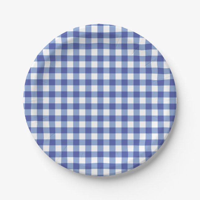 Blue & White Chequered Gingham Squares OZ Party Paper Plate (Front)