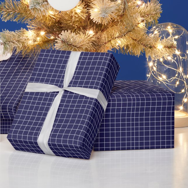 Blue White Chequered Grid Pattern Wrapping Paper (Holidays)