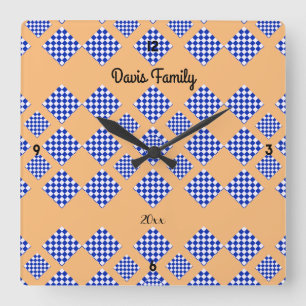 Blue White Chequered Light Beige Square Wall Clock