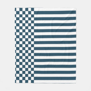 Blue & White Chequered & Stripes Repeat Pattern Fleece Blanket