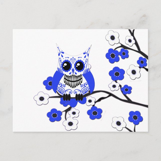 Blue White Cherry Blossoms Owl Postcard (Front)