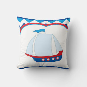 Blue White Chevron Background Blue Red Sail Ship Throw Pillow