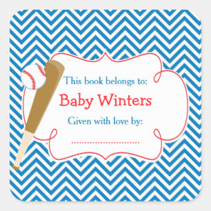 Blue/White Chevron Baseball Baby Shower Bookplate Square Sticker