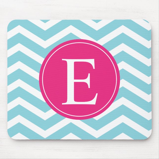 Blue White Chevron Bright Pink Monogram Mouse Pad (Front)