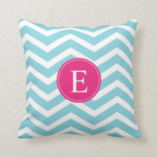 Blue White Chevron Bright Pink Monogram Throw Pillow