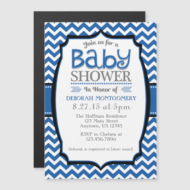 Blue White Chevron Magnetic Baby Shower Invite (Front/Back)