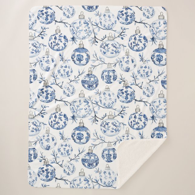 Blue White Chic Floral Christmas Ornaments Sherpa Blanket (Front)