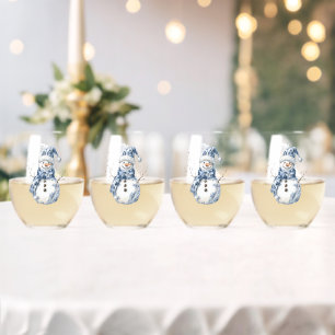Blue White Chic Floral Christmas Ornaments Stemless Wine Glass