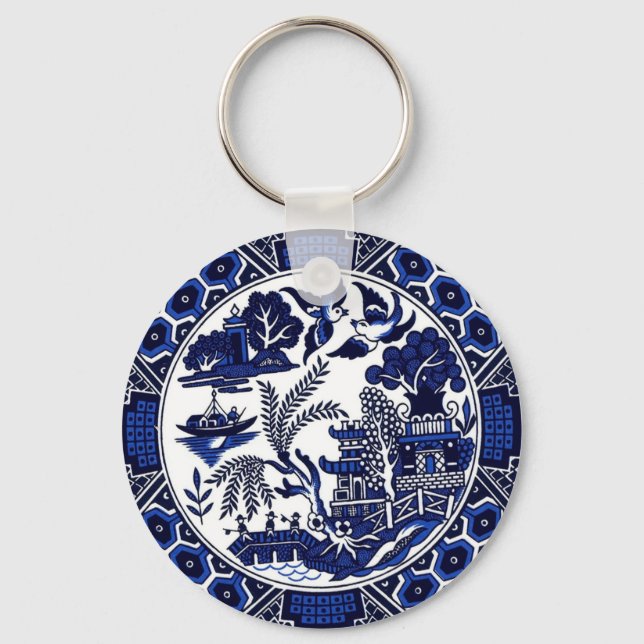 Blue & White China Blue Willow Design Keychain (Front)